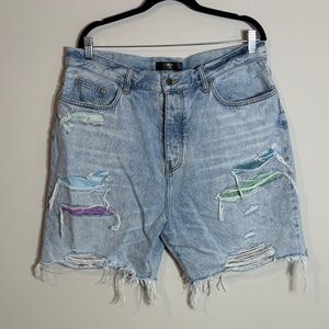 Amiri Blue Denim Watercolor Trasher Shorts Designer Streetwear Size 38